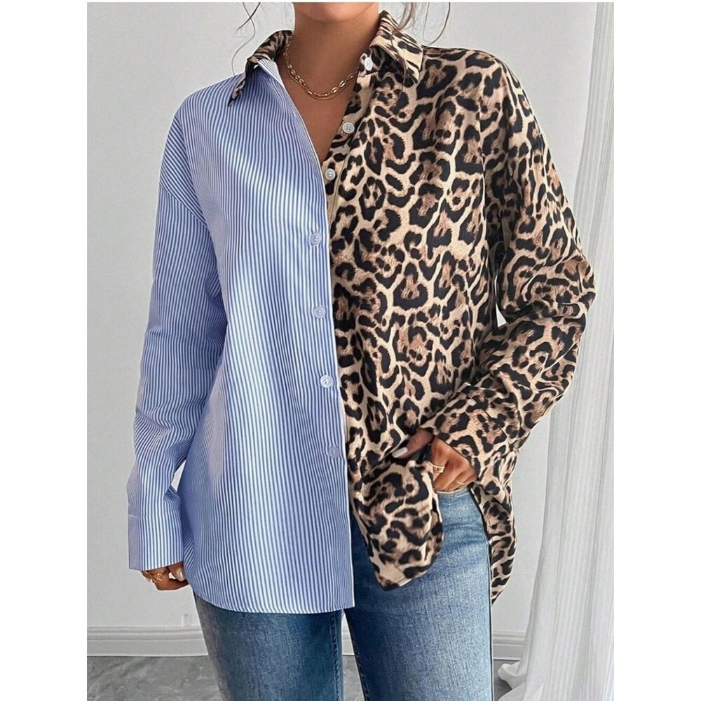 Women's Two-Tone Button-Down Shirt in Light Blue Stripe and Leopard